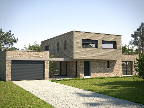 Maison contemporaine avec porte de garage anthracite et allée gravillonnée