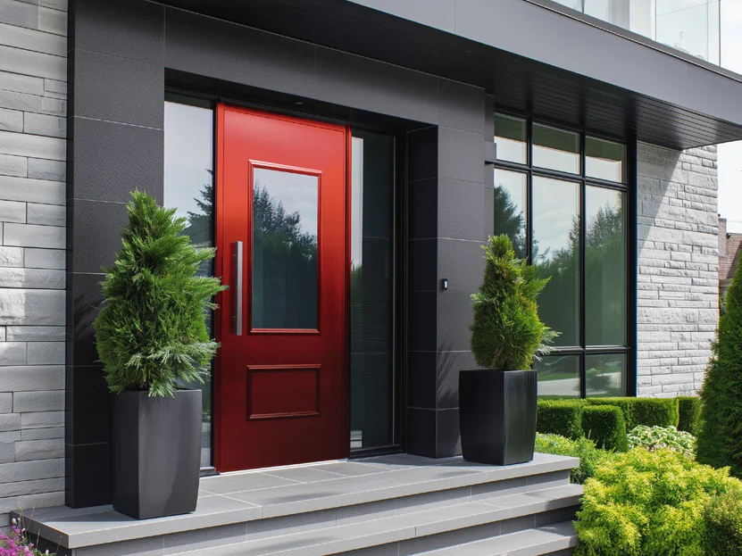 Porte d'entrée aluminium rouge vitrée sur une maison moderne