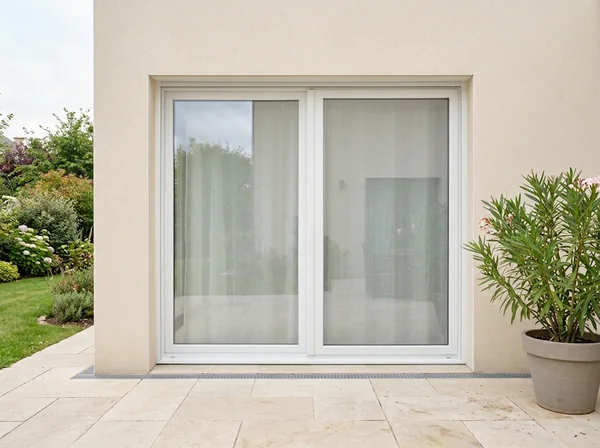 Baie coulissante PVC blanche 2 vantaux sur mesure posée par BATWIN