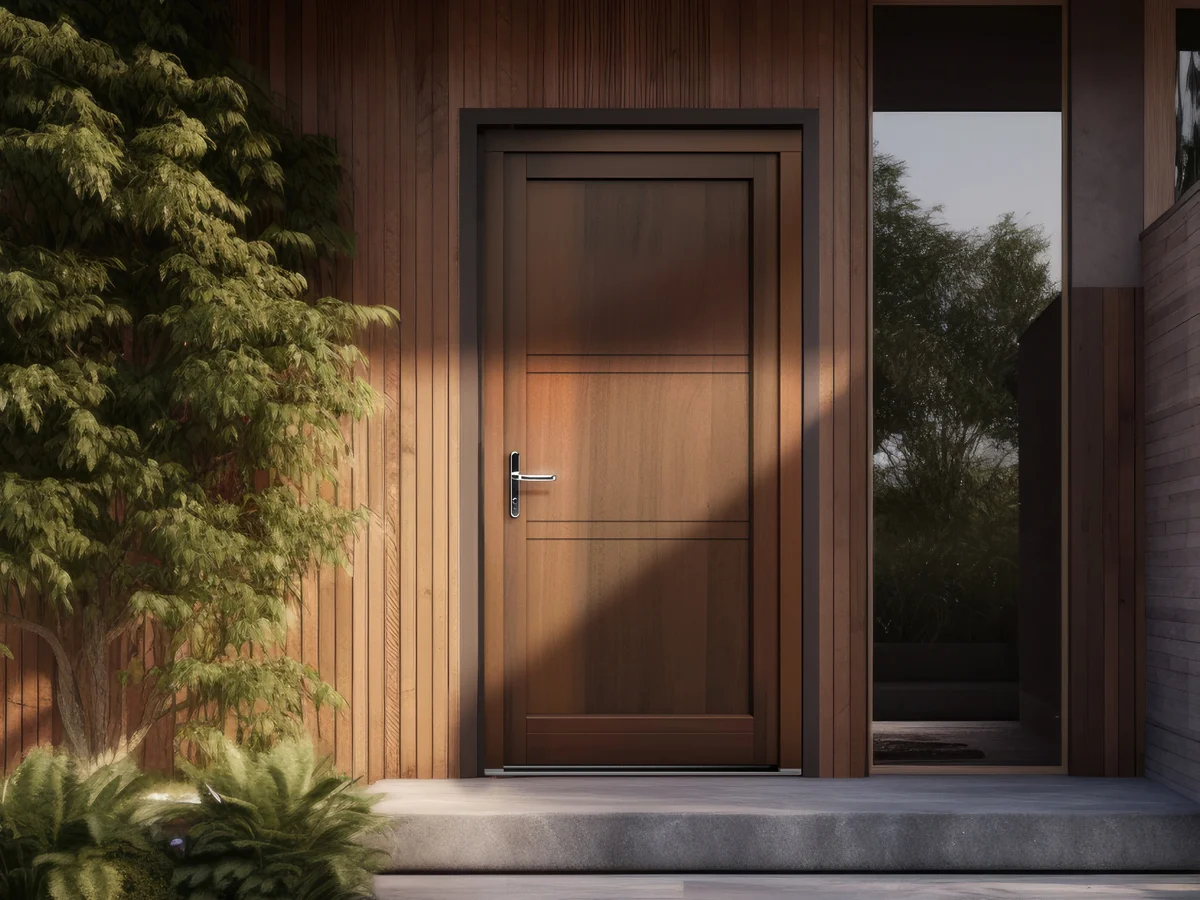 Porte d'entrée bois teinte noyer sur une façade en bardage bois