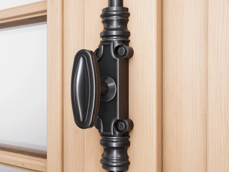 Crémone noire sur une fenêtre en bois