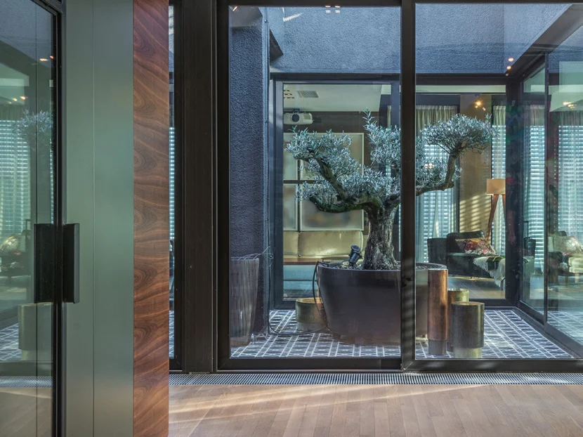 Entrée vitrée en acier dans un hall d'immeuble