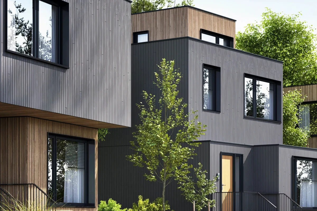 Maisons modernes en bardage avec fenêtres noires bois-alu