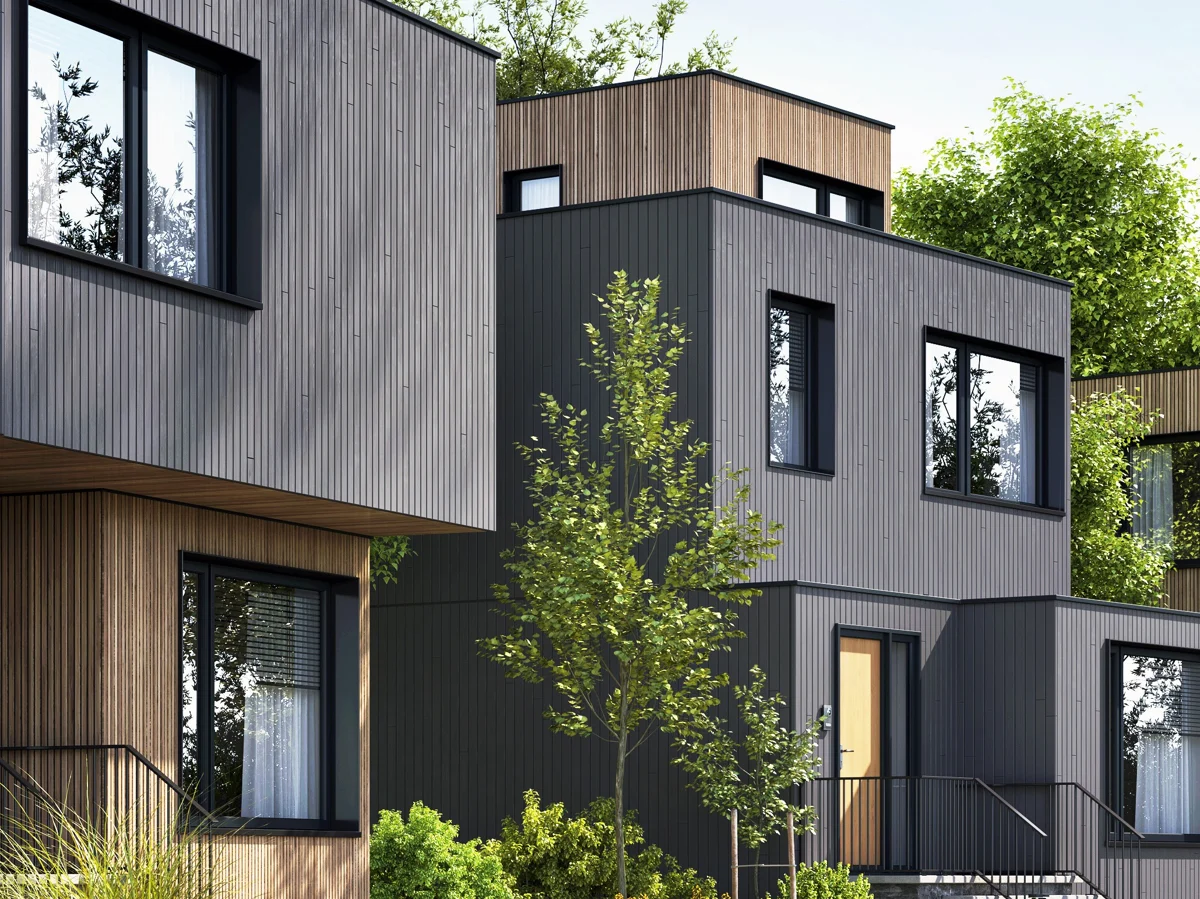 Maisons modernes en bardage avec fenêtres noires bois-alu