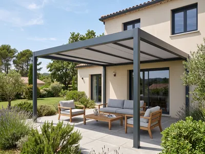 Pergola aluminium anthracite avec toile de store