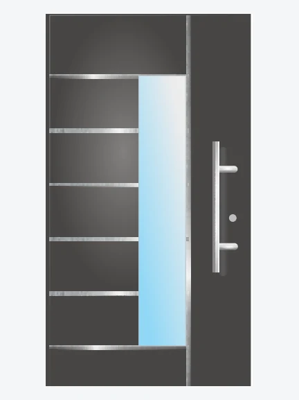 Porte d'entrée contemporaine anthracite inox et vitrage latéral