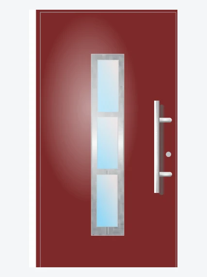 Porte d'entrée contemporaine rouge avec encadrement inox vitré