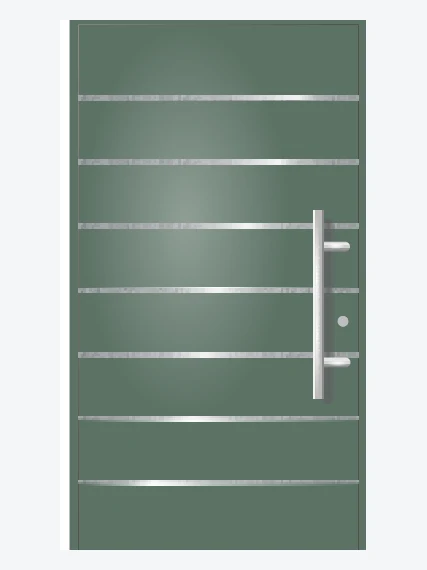 Porte d'entrée contemporaine verte à lignes inox