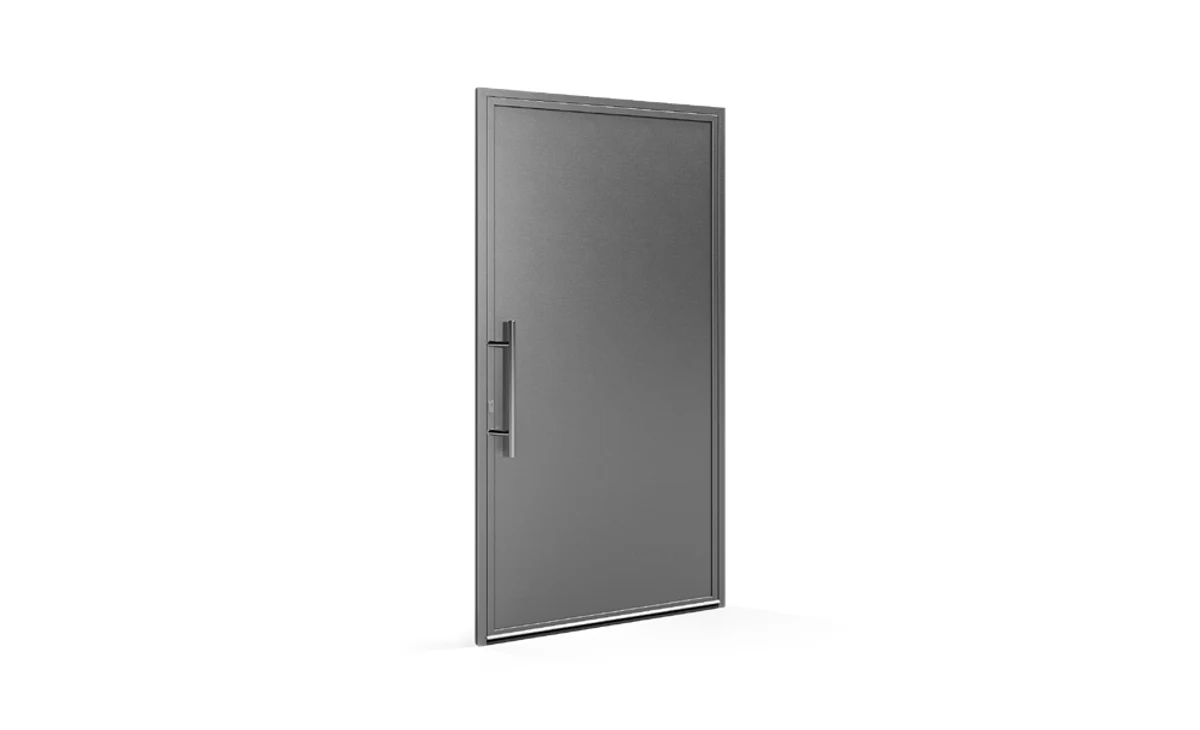Porte d'entrée en acier galvanisé grise avec barre de tirage inox