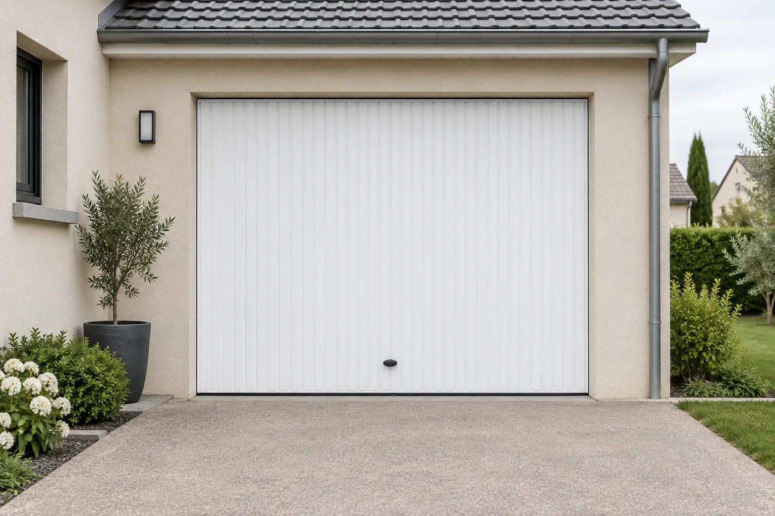 Porte de garage basculante blanche à rainures verticales sur un pavillon