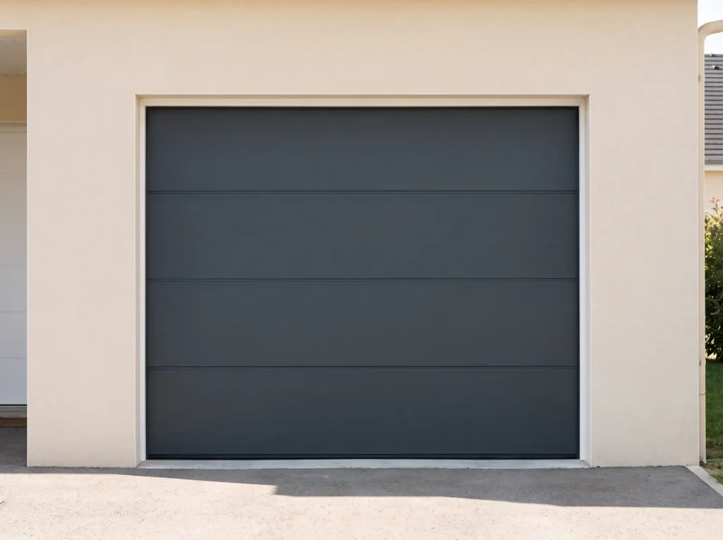 Porte de garage sectionnelle anthracite à panneaux horizontaux sur maison individuelle