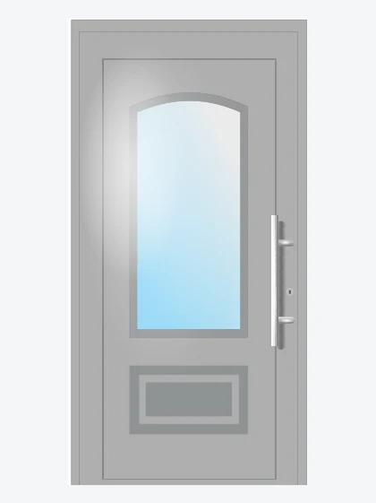 Porte d'entrée PVC urbaine grise vitrée à moulures