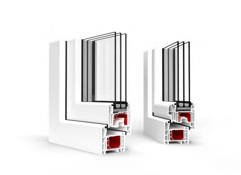 Coupe d'un profilé de fenêtre PVC 70 mm à 5 chambres