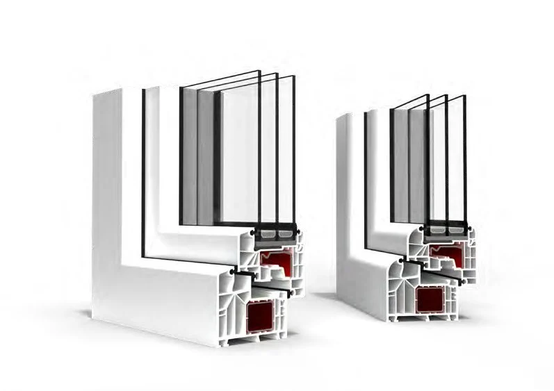 Coupe d'un profilé de fenêtre PVC 85 mm triple vitrage