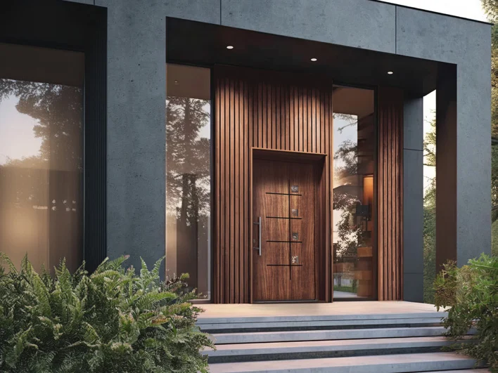 Porte d'entrée PVC aspect bois foncé sous un porche contemporain