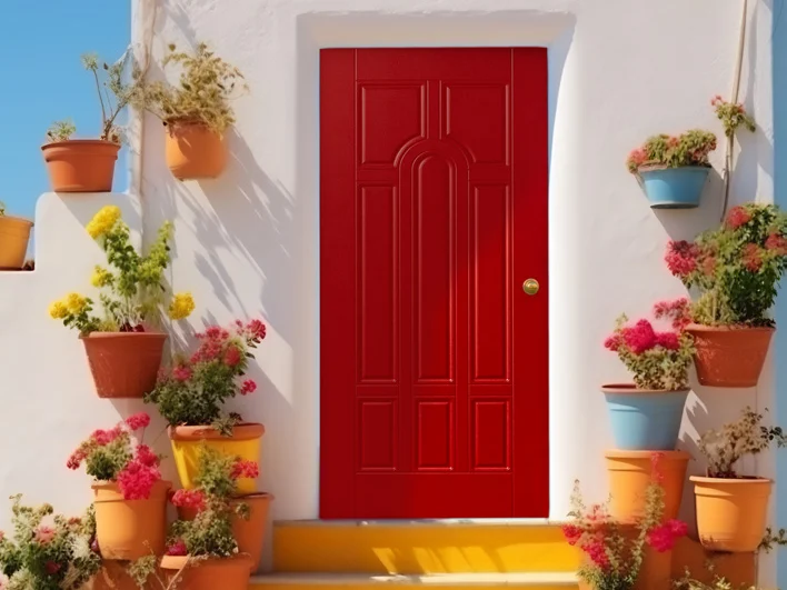 Porte d'entrée PVC rouge à moulures dans une façade blanche fleurie