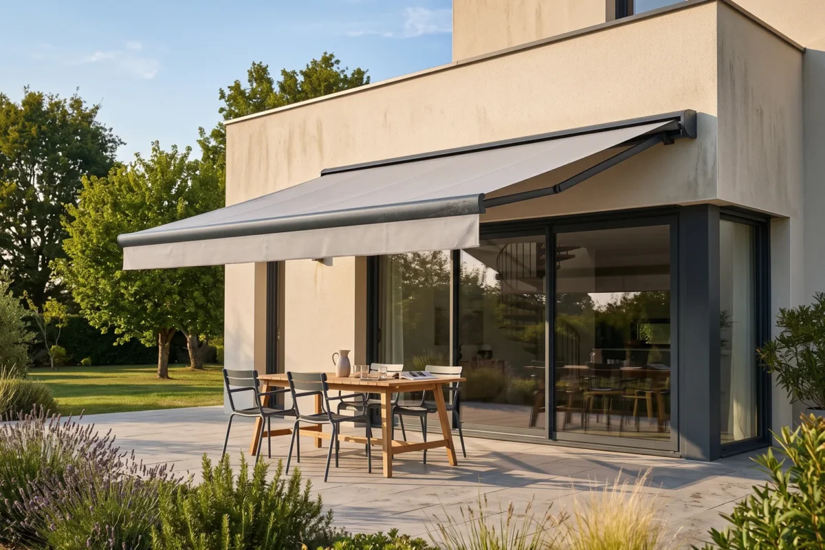 Store banne à coffre anthracite déployé au-dessus d'une terrasse