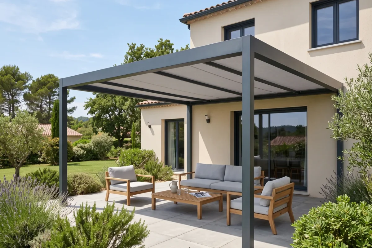 Pergola aluminium anthracite avec toile de store