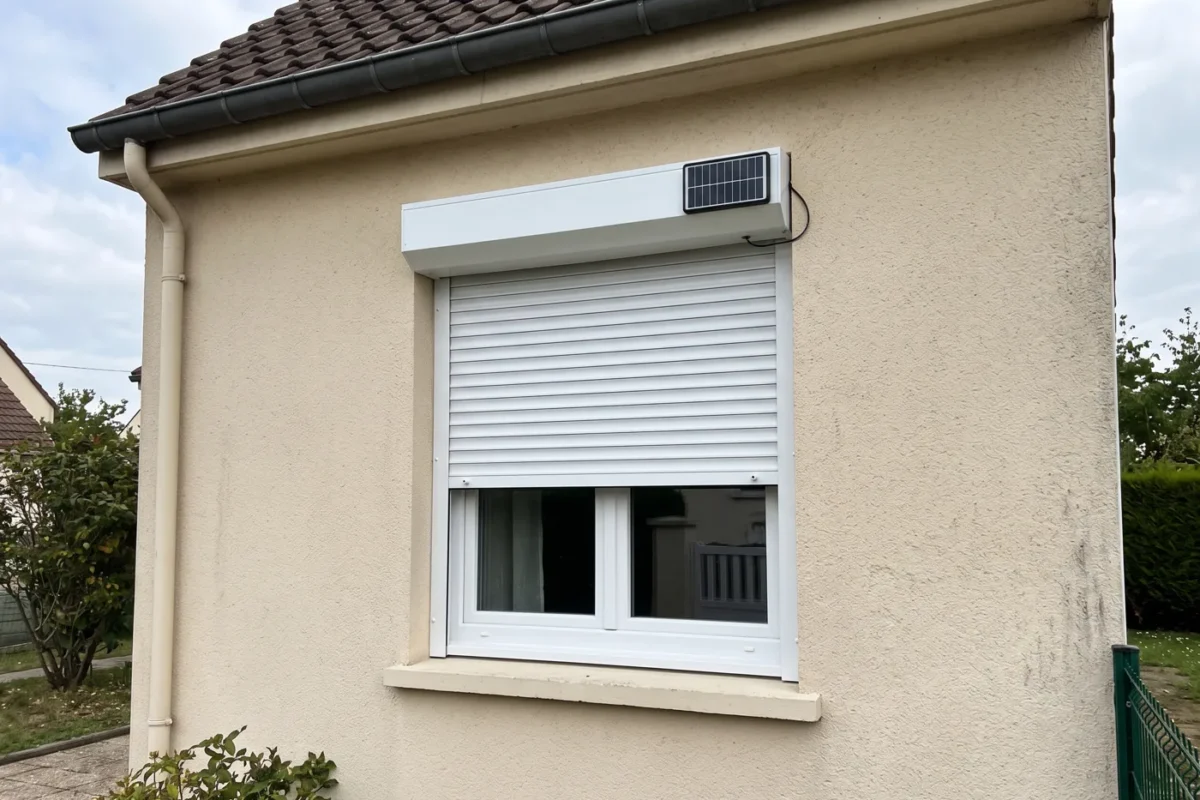 Volet roulant solaire avec panneau photovoltaïque sur le coffre, pavillon du Val-d'Oise
